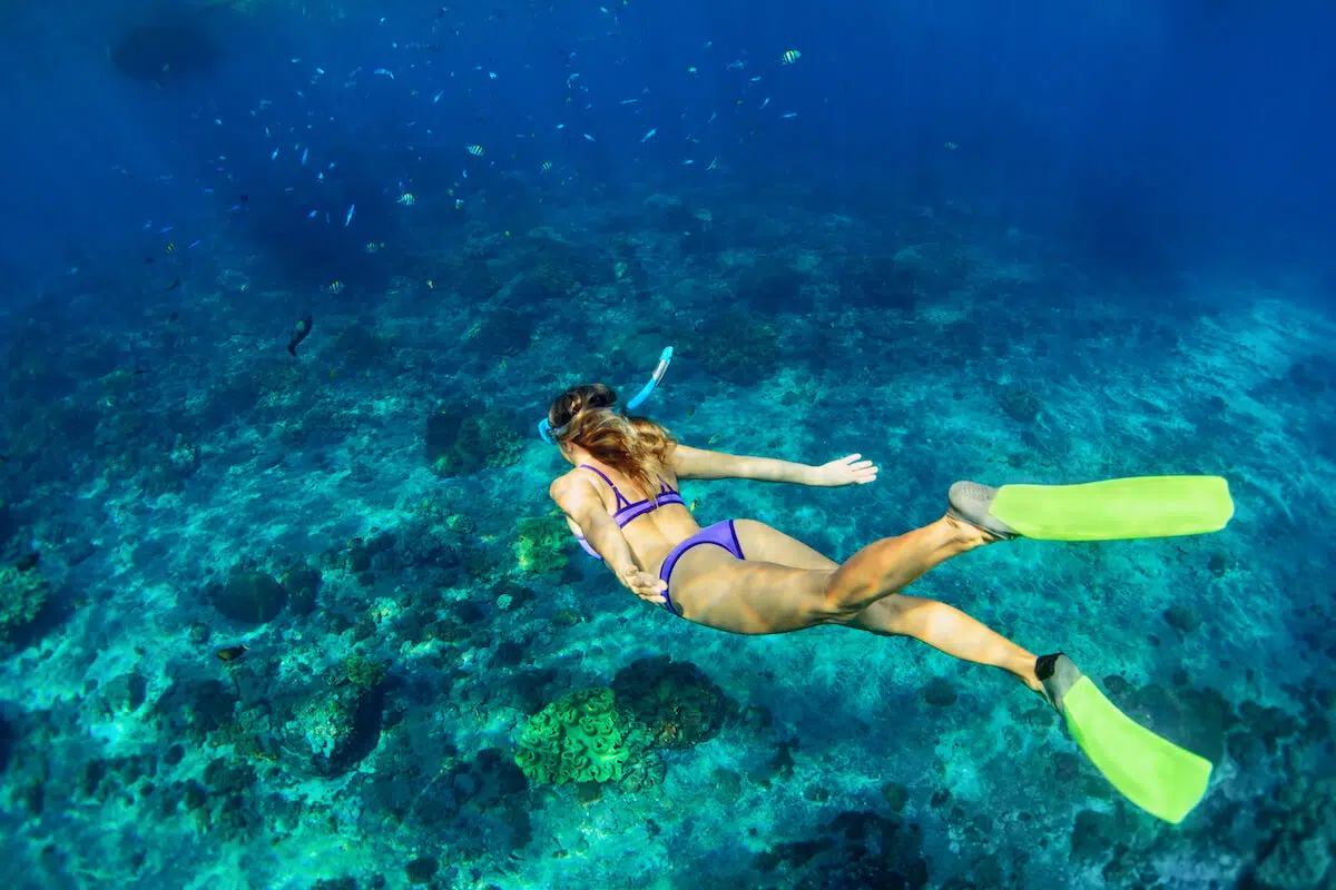 girl snorkeling down to a reef in Cozumel Mexico's blue water